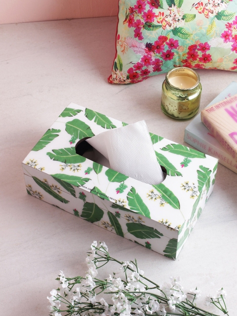 

India Circus by Krsnaa Mehta Unisex White & Green Printed Wood Tissue Holder