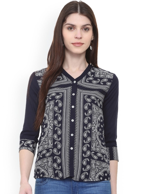 

People Women Navy Blue Printed Shirt Style Top