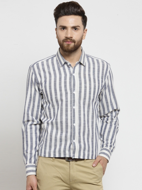 

JAINISH Men Navy Blue & Off-White Slim Fit Striped Formal Shirt
