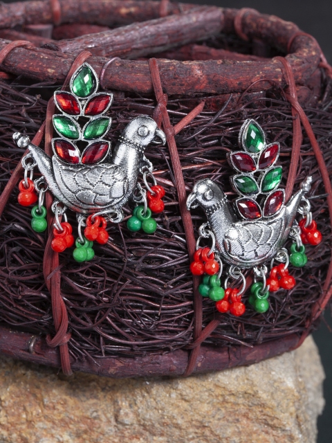 

Moedbuille Silver-Plated Red Oxidised Peacock Shaped Drop Earrings