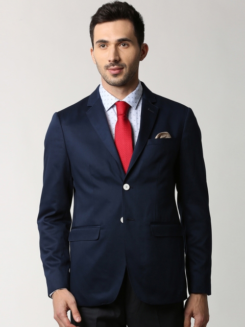 Peter England Elite Men Blue Self-Design Slim-Fit Single-Breasted Blazer