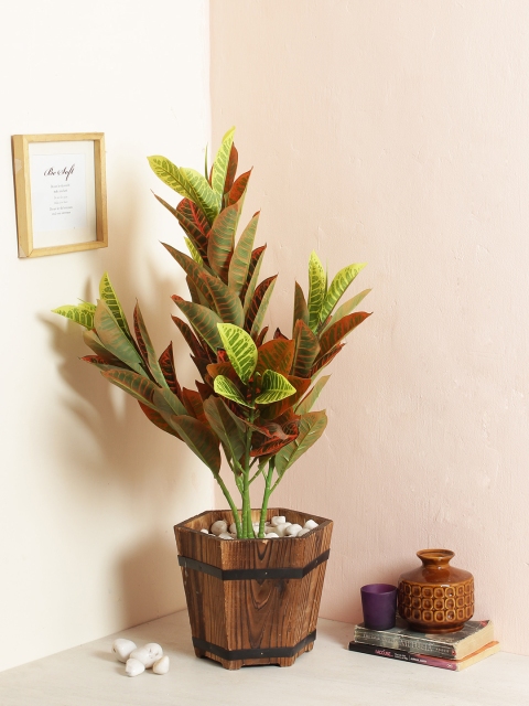 

Fourwalls Red Decorative Artificial Croton Floor Plant Without Pot