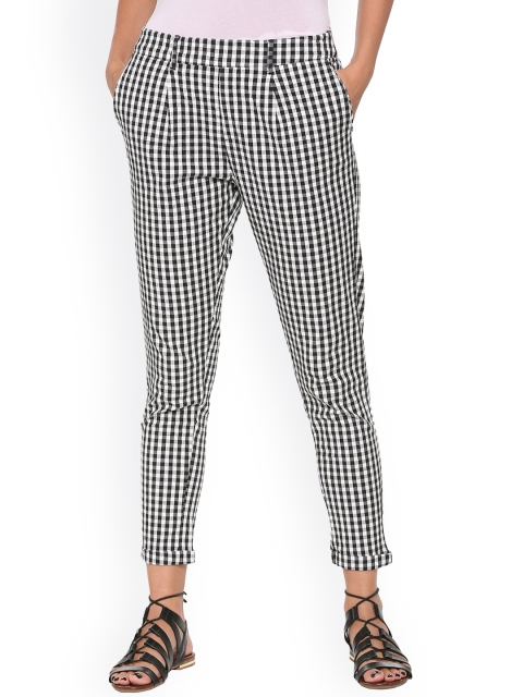 

People Women Black & White Straight Fit Checked Peg Trousers