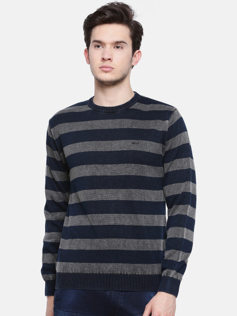 

t-base Men Navy Blue & Grey Striped Sweater
