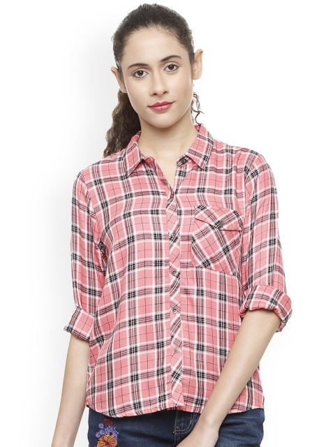 

People Women Pink & White Regular Fit Checked Casual Shirt