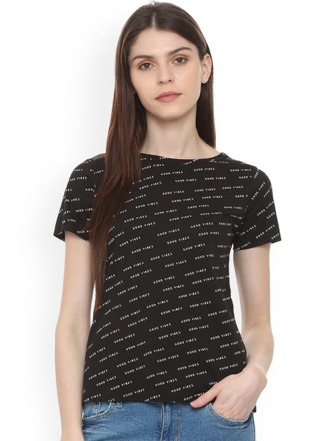 

People Women Black Printed Round Neck T-shirt