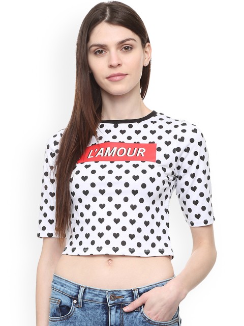 

People Women White Printed Round Neck Crop Pure Cotton T-shirt