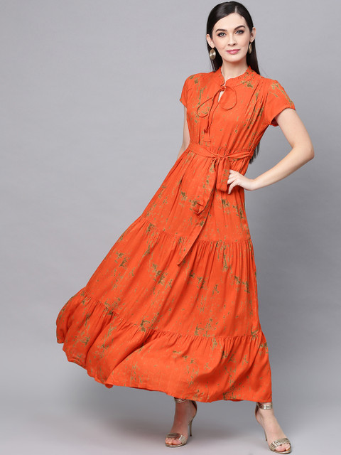 

AKS Women Orange Printed Maxi Dress