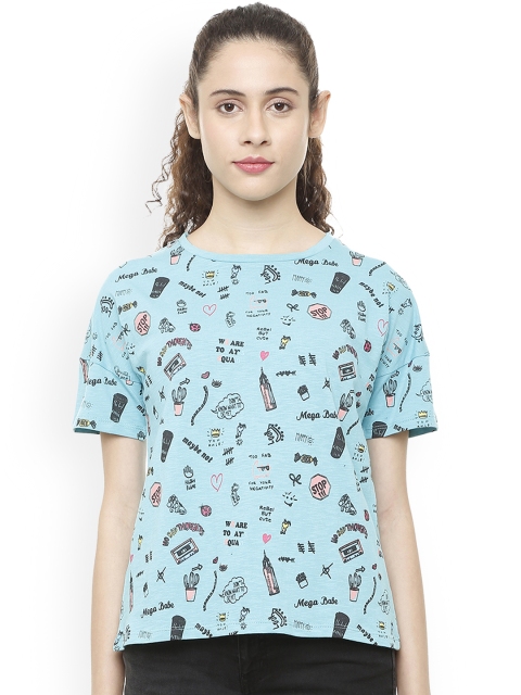 

People Women Blue Printed Round Neck Pure Cotton T-shirt