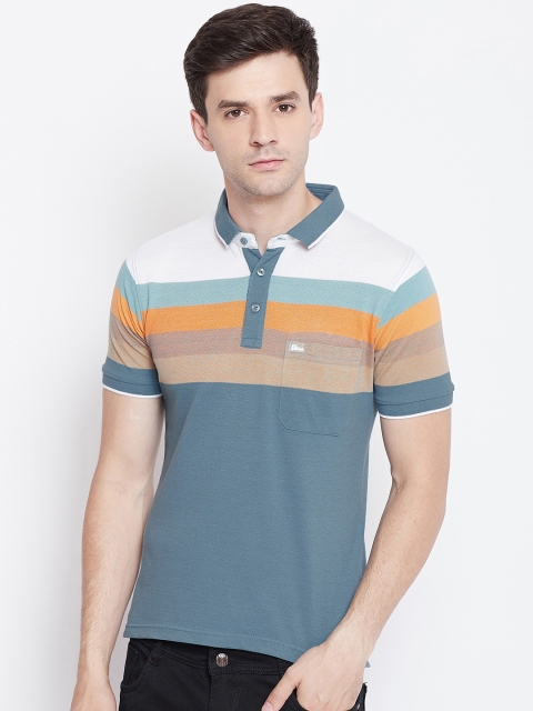 

Okane Men Green & Blue Striped Polo Collar T-shirt
