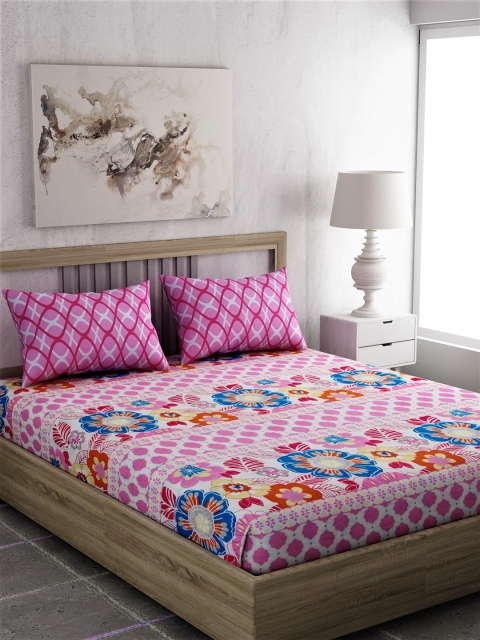

EverHOME Pink Floral 180 TC Cotton Queen Bedsheet with 2 Pillow Covers