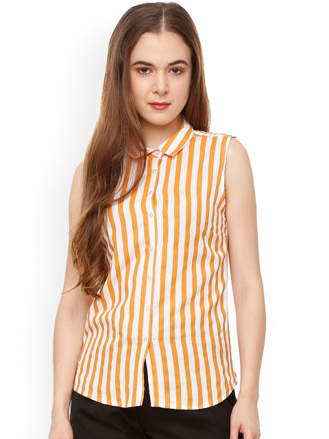 

People Women Orange & White Regular Fit Striped Casual Shirt