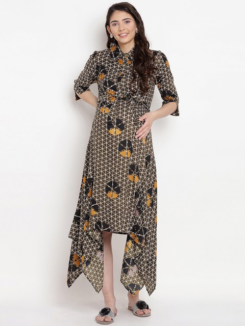 

Mine4Nine Women Olive Green Checked Maternity Fit and Flare Dress