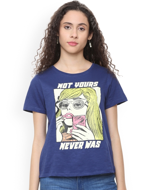 

People Women Blue Printed Round Neck T-shirt