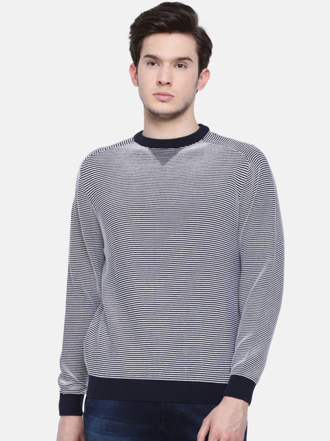 

t-base Men Off-White & Navy Blue Striped Sweater