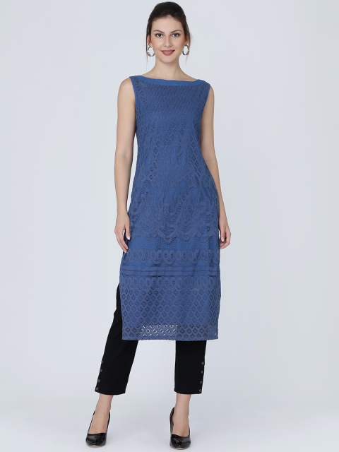

Ojjasvi Women Blue Self Designed Straight Kurta