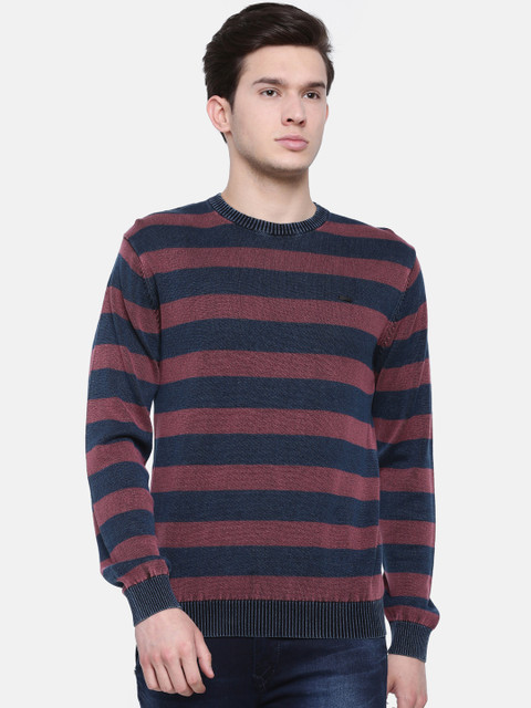 

t-base Men Blue & Maroon Striped Sweater