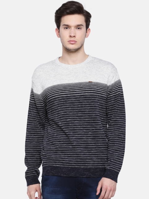 

t-base Men Navy Blue & Off-White Striped Sweater