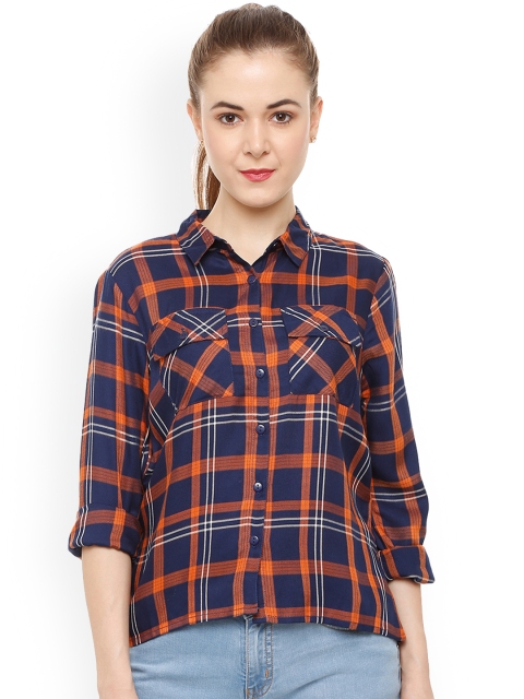 

People Women Navy Blue & Orange Regular Fit Checked Casual Shirt