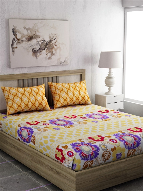 

EverHOME Yellow & Blue Floral 180 TC Cotton Queen Bedsheet with 2 Pillow Covers