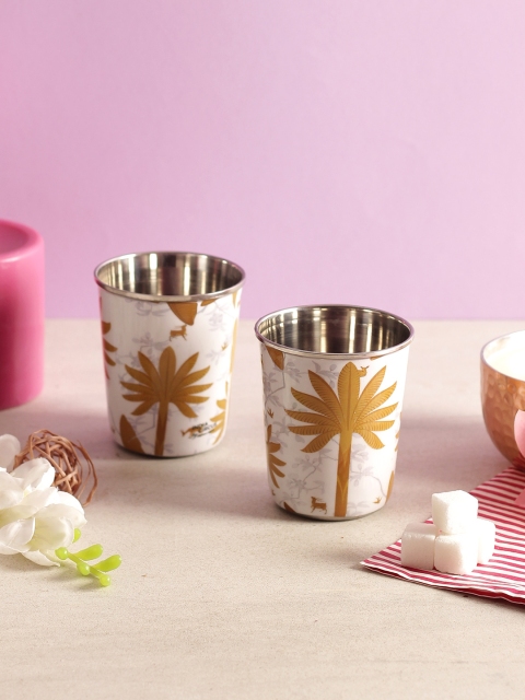

India Circus by Krsnaa Mehta White & Mustard Yellow 2 Pcs Printed Steel Tumbler Set