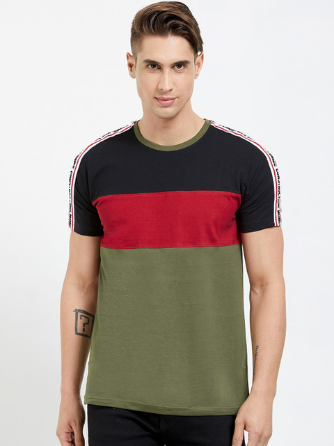 

Maniac Men Olive Green Black Colourblocked Round Neck Pure Cotton T-shirt