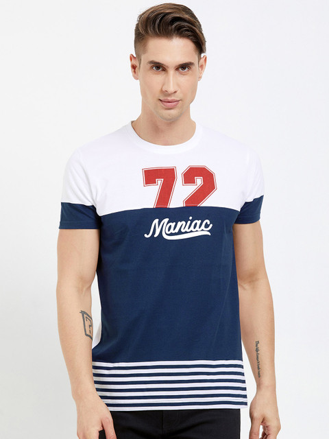 

Maniac Men White & Navy Blue Colourblocked Round Neck T-shirt