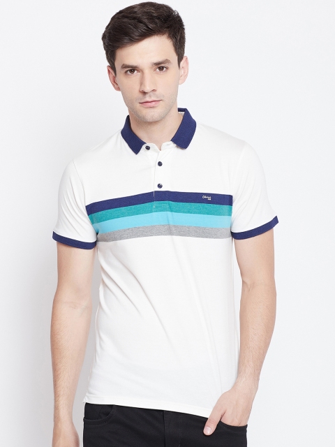 

Okane Men White Striped Polo Collar T-shirt
