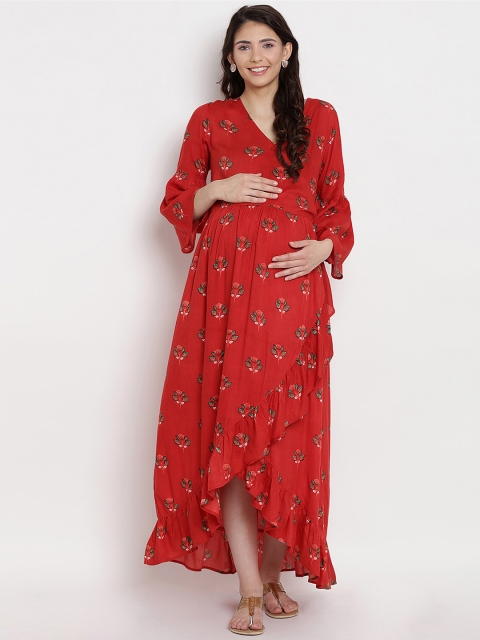 

Mine4Nine Women Red Printed Maternity Maxi Dress