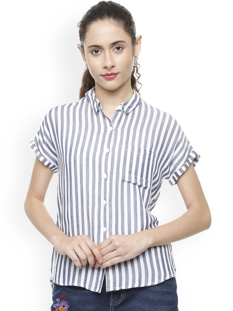 

People Women Blue & White Regular Fit Striped Casual Shirt