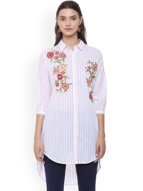 

People Women White Regular Fit Striped Casual Longline Shirt