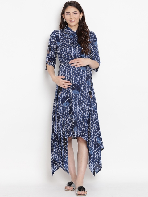 

Mine4Nine Women Teal Blue Checked Maternity Fit and Flare Dress