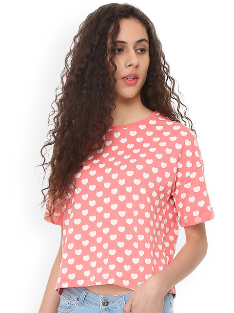 

People Women Pink Printed Round Neck Pure Cotton T-shirt