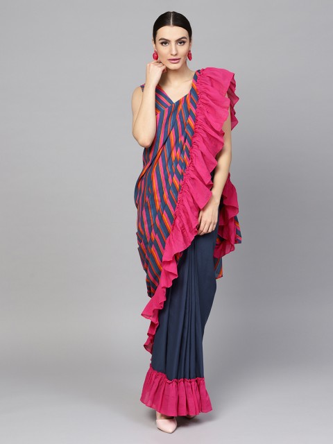 

AKS Navy Blue & Pink Pure Cotton Striped Leheriya Saree