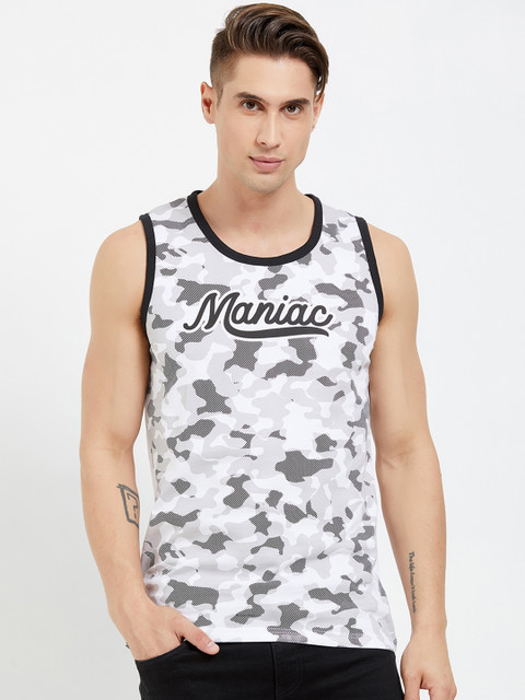 

Maniac Men White & Grey Printed Round Neck T-shirt