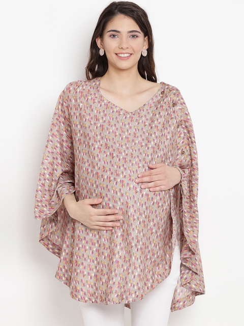 

Mine4Nine Women Olive Green & Pink Printed Maternity Cape Top