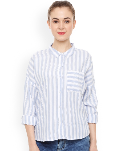 

People Women Blue & White Regular Fit Striped Casual Shirt