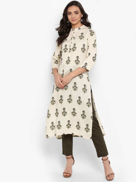 

Janasya Women Cream-Coloured & Olive Green Printed Kurta with Trousers