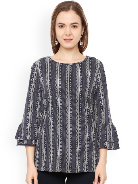 

People Women Blue Printed A-Line Pure Cotton Top
