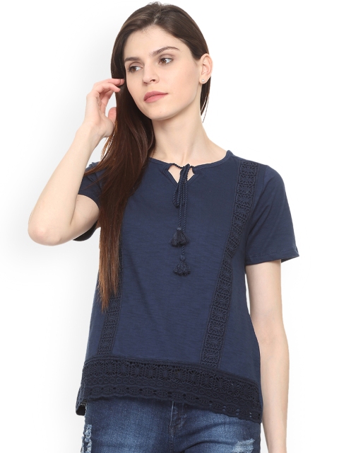 

People Women Blue Self Design Pure Cotton Top