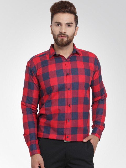 

JAINISH Men Red & Navy Blue Classic Slim Fit Checked Formal Shirt