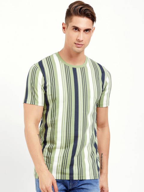 

Maniac Men Lime Green Striped Round Neck Pure Cotton T-shirt