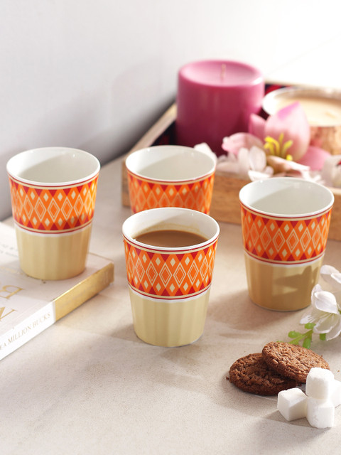 

India Circus by Krsnaa Mehta Cream & Orange 4-Pcs Printed Tea Cup Set