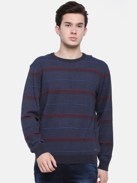 

t-base Men Navy Blue Striped Sweater
