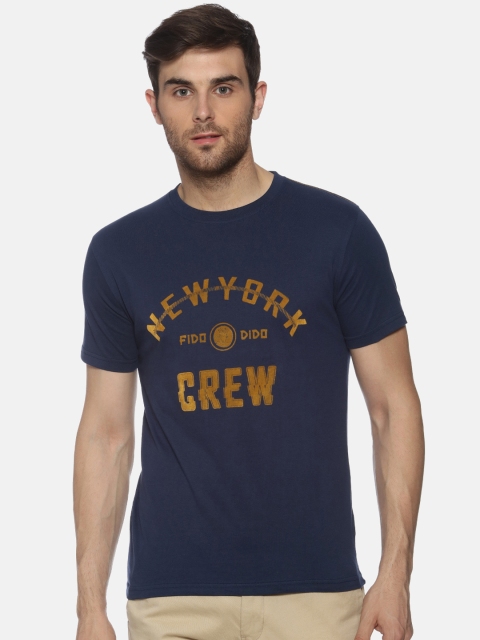 

FIDO DIDO Men Navy Blue Printed Round Neck Pure Cotton T-shirt