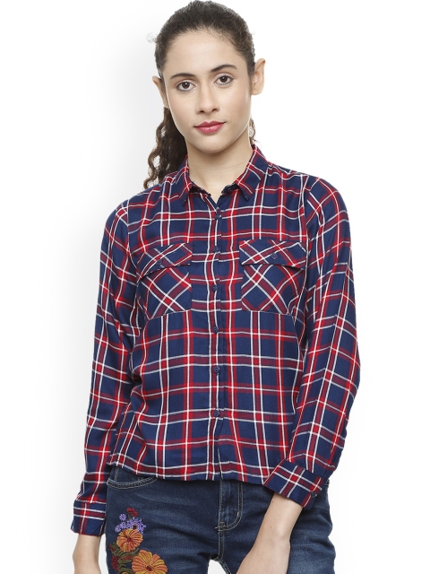 

People Women Blue & Red Regular Fit Checked Casual Shirt