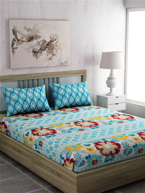 

EverHOME Blue Floral 180 TC Cotton 1 King Bedsheet with 2 Pillow Covers