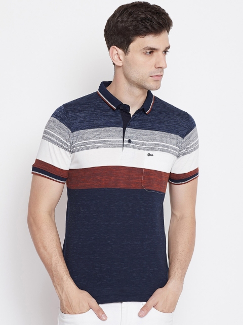 

Okane Men Navy Blue & White Striped Polo Collar T-shirt