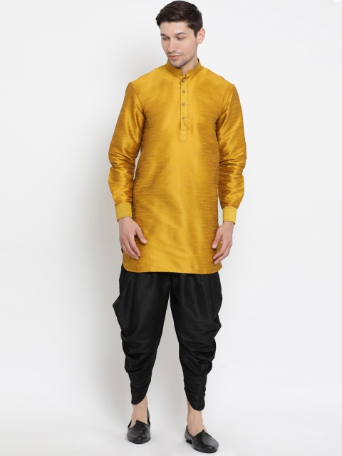 

VASTRAMAY Men Gold-Toned & Black Solid Cotton Silk Kurta with Dhoti Pants