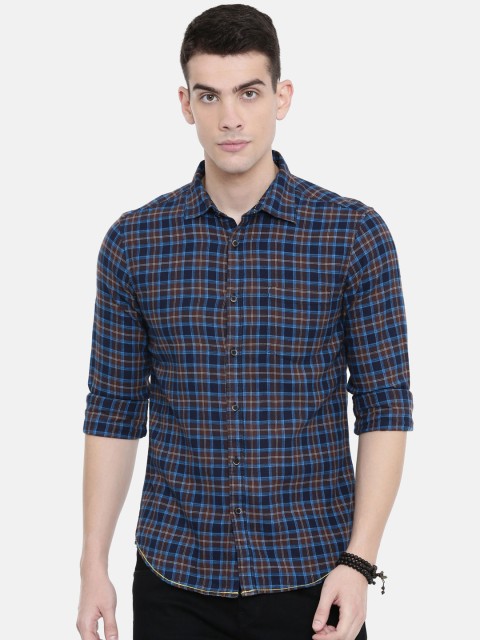 

IMYOUNG Men Blue & Brown Slim Fit Checked Casual Shirt